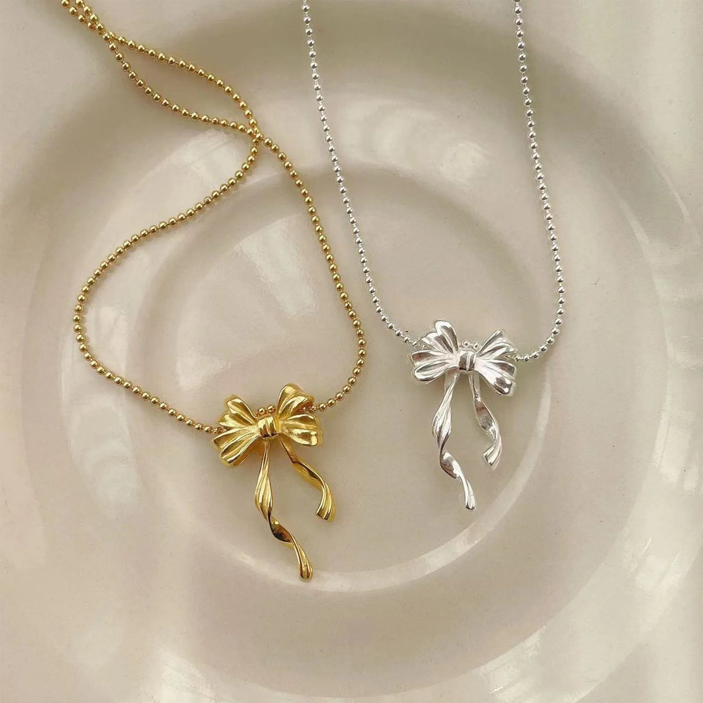 Fashion 925 Silver Jewelry 18K Choker Charm Bead Gold Plated for Women Bow Pendant Necklace