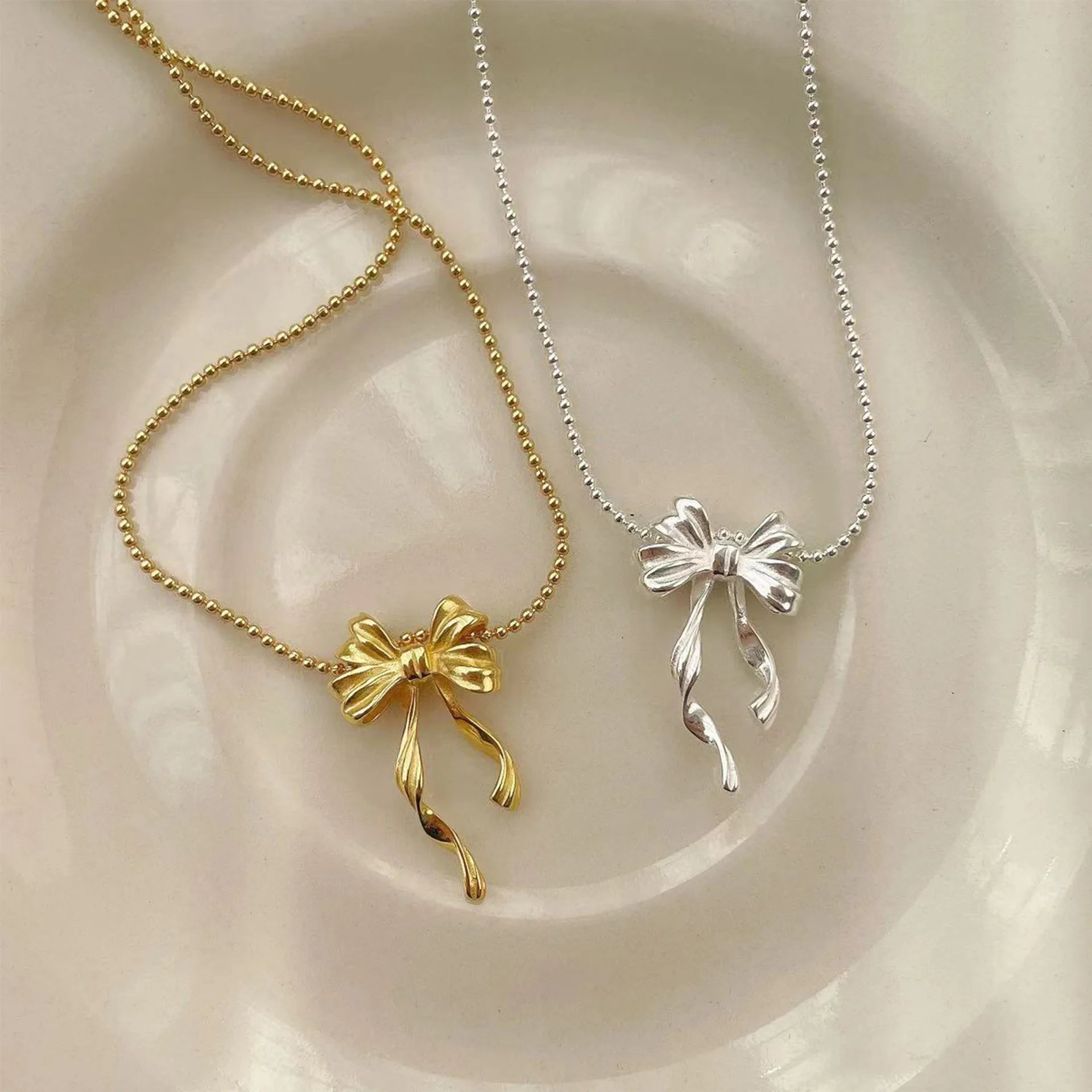 Fashion 925 Silver Jewelry 18K Choker Charm Bead Gold Plated for Women Bow Pendant Necklace