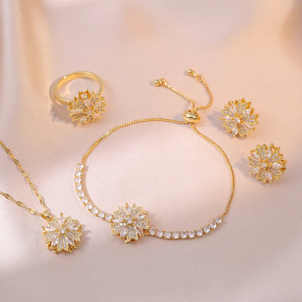 Fashion Jewelry 4 Can Rotate Pendant Earrings Rings Bracelets Micro-embedded Zircon Titanium Steel Necklace