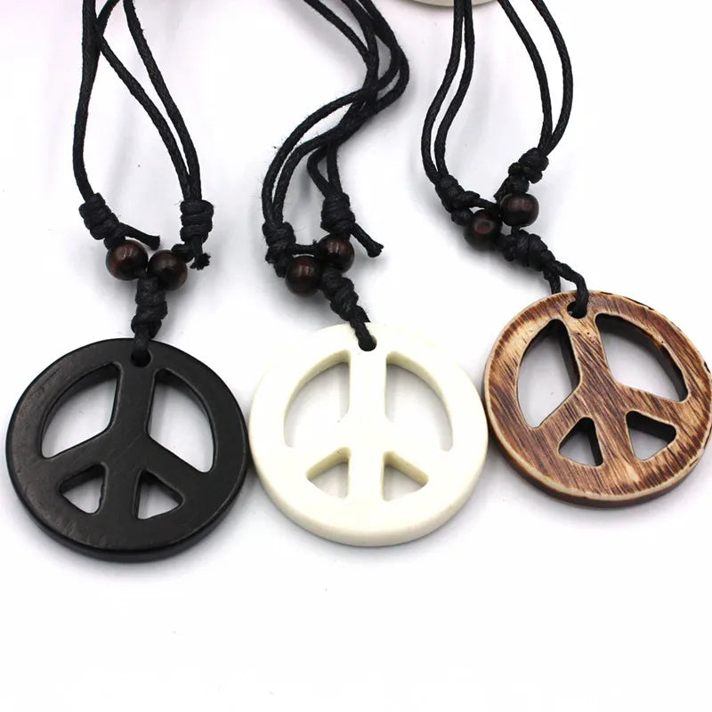 Hot Selling Adjustable Black Rope Anti-war Peace Necklace 2026 Vintage Handmade Resin Peace Sign Pendant Necklace for Women M