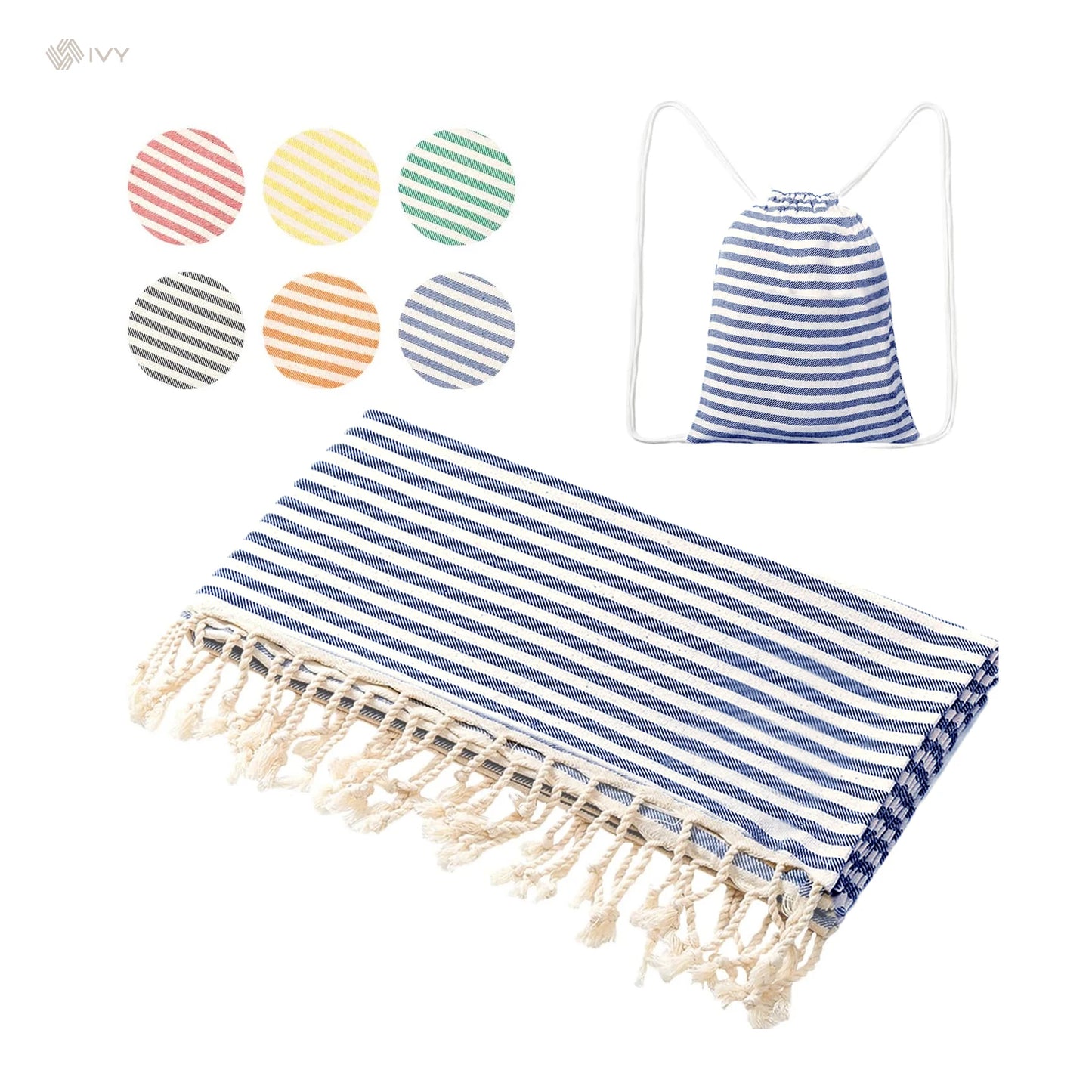 Turkish Summer Striped Quick Dry Sand Free Beach Towel with Microfiber & Cotton Terry Fabric and Bag
