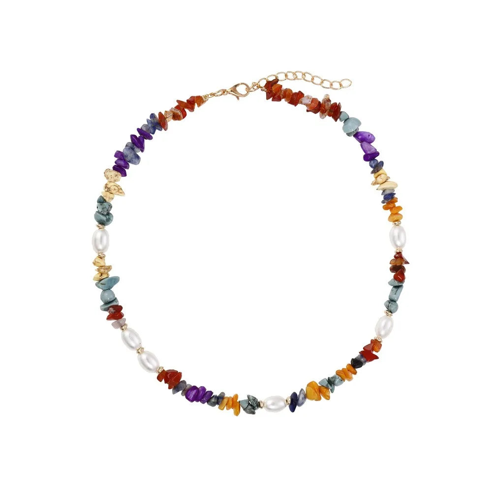 Simple Natural Stone Clavicle Chain Popular Necklace Hand Making Beaded Pearl Personality Stitch Colors Vacation Style Neckla