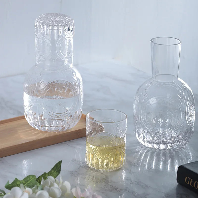 1500ml Home Embossed Pattern Vintage Clear Glass Water Juice Tea Carafe Set With Glass Cup Sunflower Cold Water Pitcher Pot S