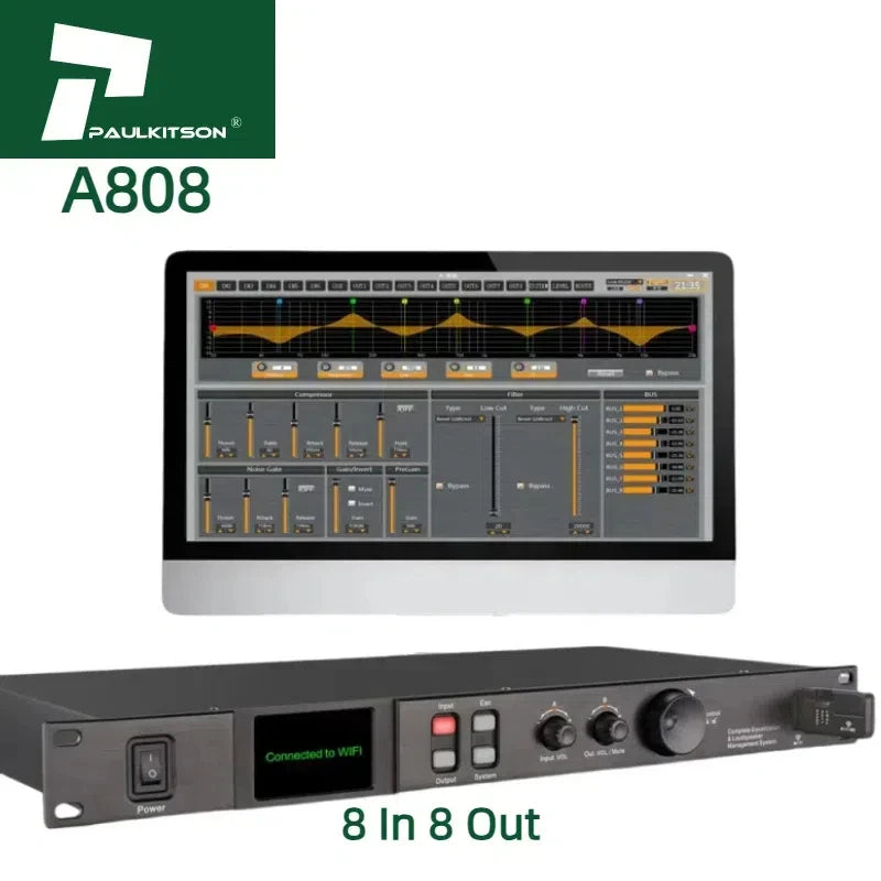 Paulkitson A808 Digital Audio Processor with Touchscreen 8In & 8Out Metal Audio Equipment with Speaker Management System