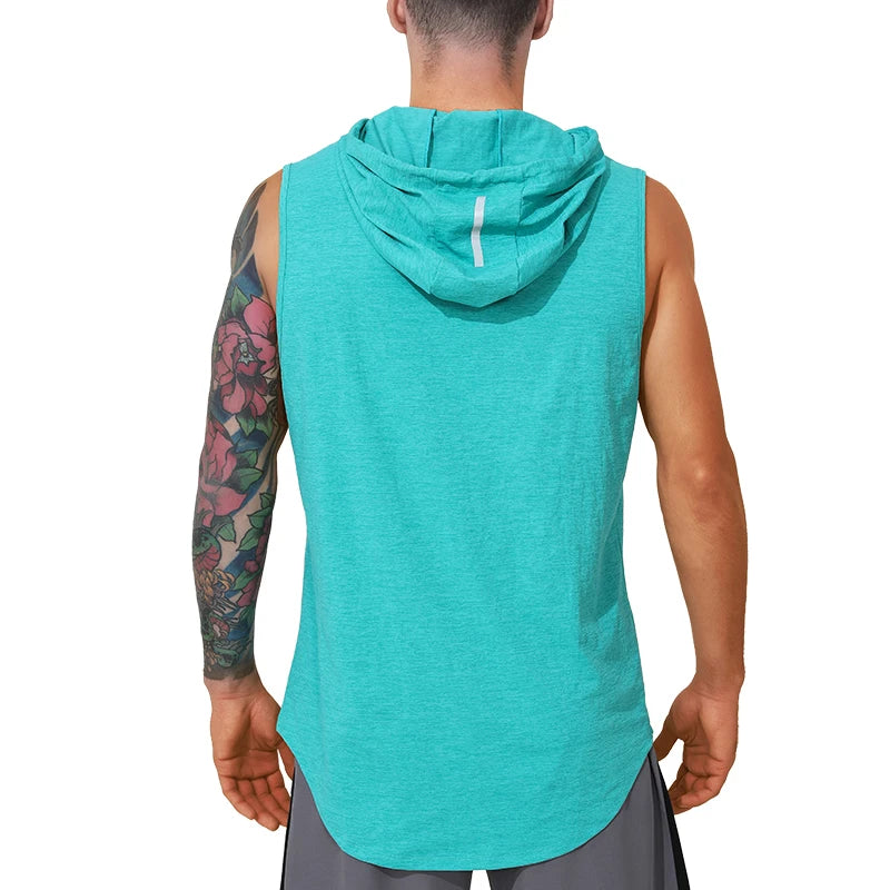 Men Sleeveless Elastic Sports Hooded Tank Top Casual Muscle T-Shirt Cool Summer Bodybuilding Workout Gym Tank Top Men