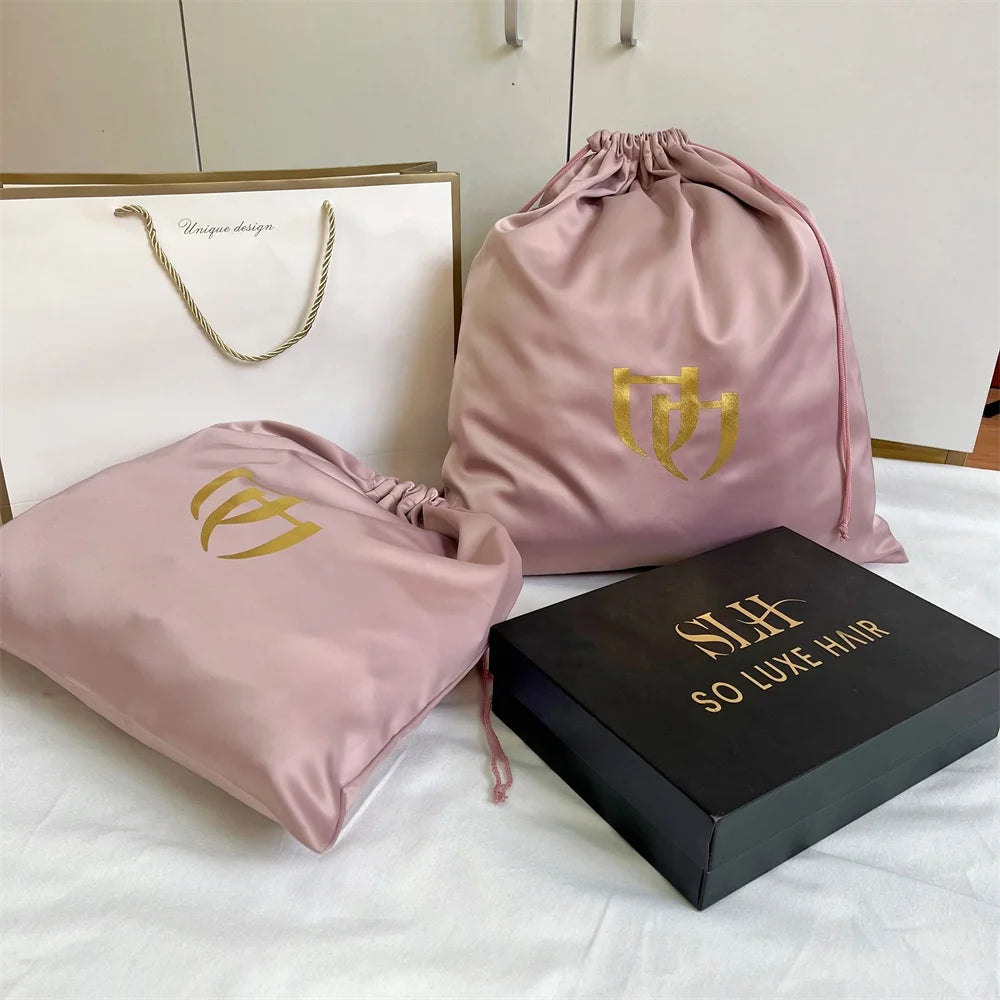 BSCI Satin Bags Custom Logo Satin Drawstring Bag for Packaging Hair Extensions Bundles Wigs Soft Silk Pouches With Drawstring