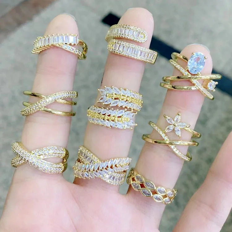 RM1516 New Luxury 18k Gold Plated Diamond CZ Baguette Cross X Feather Leaves Double Stack Cocktail Rings