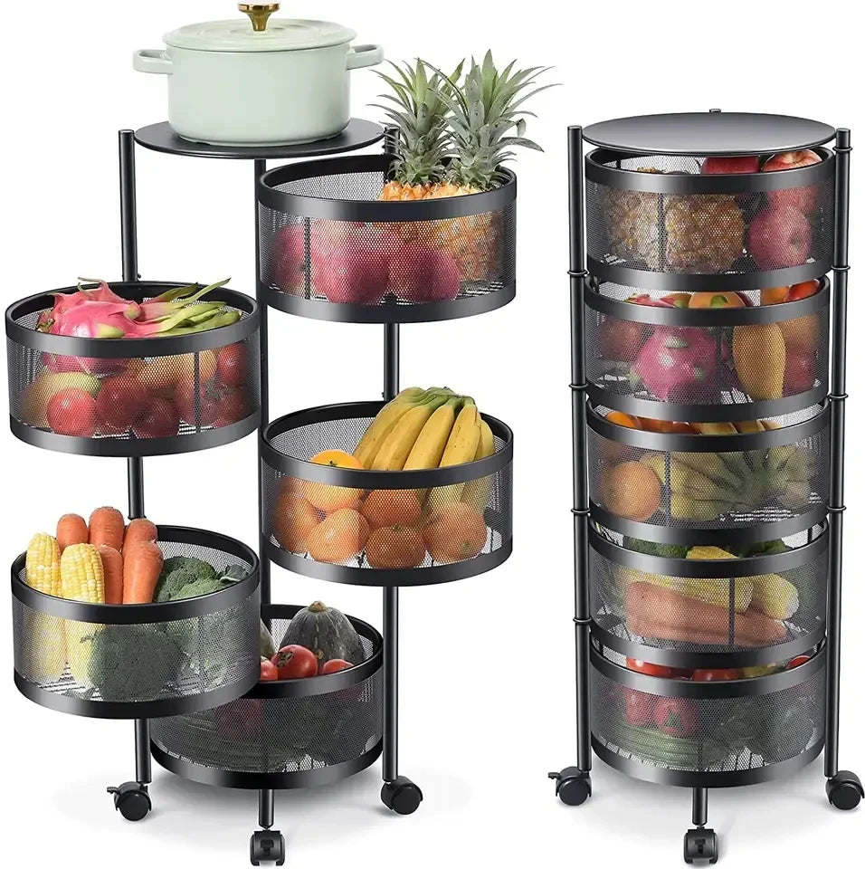 Rotating Storage Baskets Rack Stackable Metal Basket Kitchen Organizer Storage Shelf Cube Fruit Vegetable Organizer Trolley C
