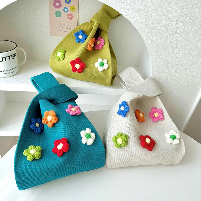 Korea Cute Flower Versatile Capacity Knitted Shoulder Women's Handbag Open-Closed Tote Bag Casual Wrist Bag for Children