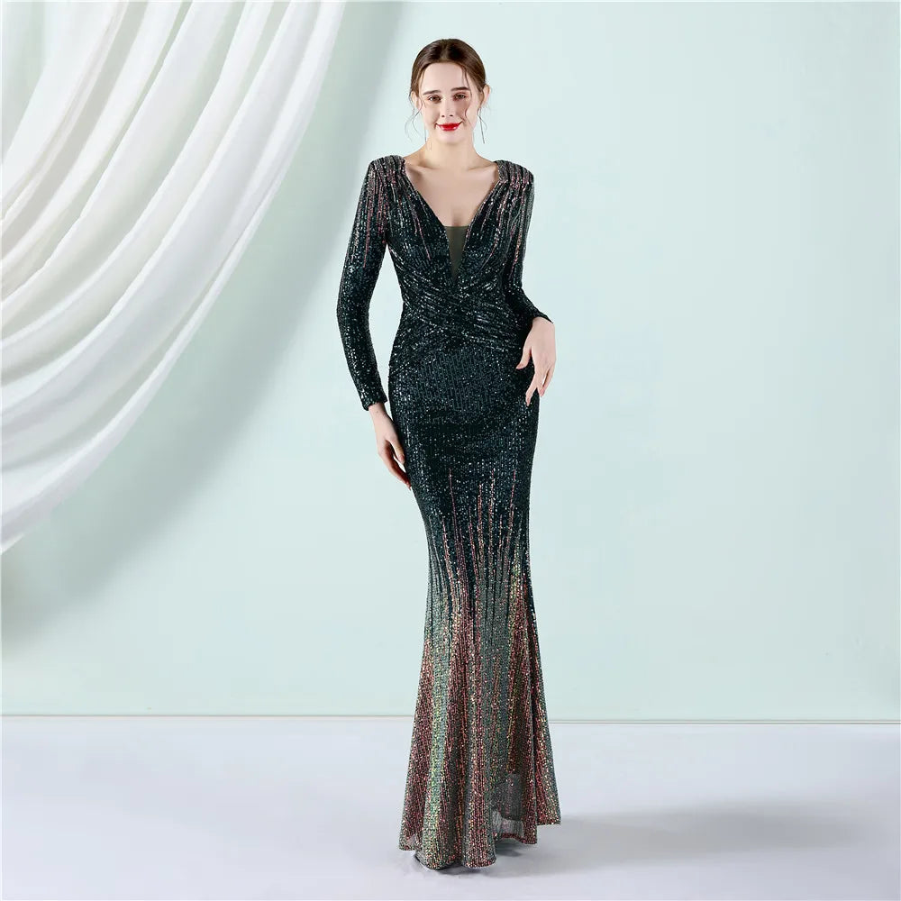 19037#  Spring/summer New Fashion Sequin Toasts Gradual Beaded Long Sleeve Evening Dress
