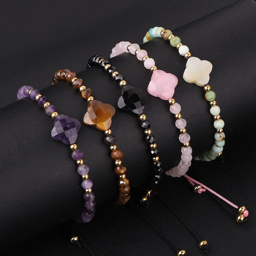 New Design Natural Stone Clover Flower Bracelet Custom Logo 4mm Faceted Stone Beads Macrame Bracelet for Women