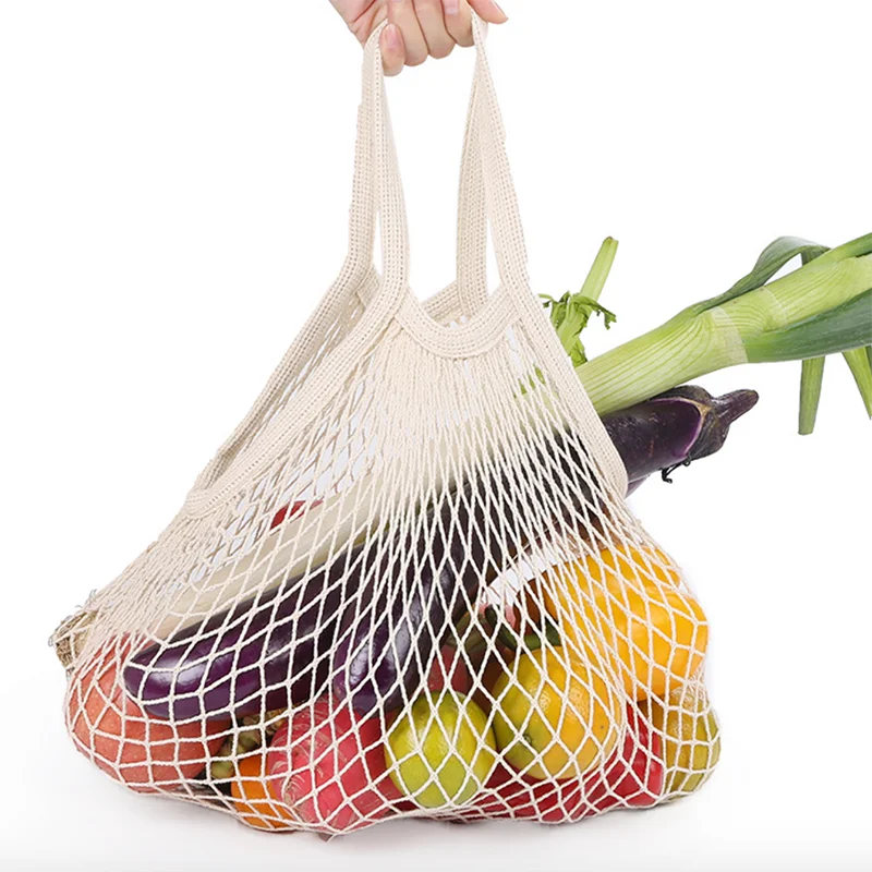 Reusable 100% Cotton Mesh Grocery Bags with Letter Pattern String Organizer Shopping Bag for Produce