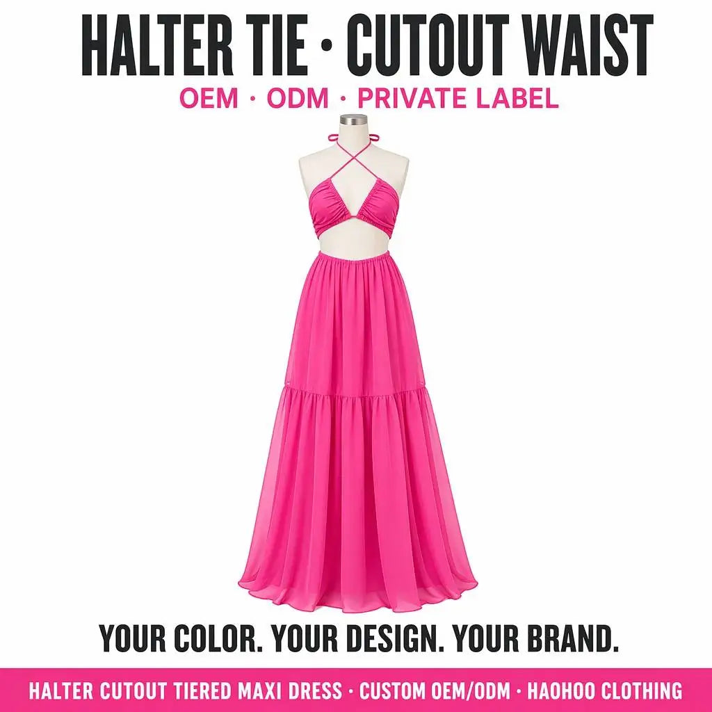 Wholesale Custom Halter Cut Out High Waist Tiered Solid Maxi Dress Women Party OEM Manufacturer