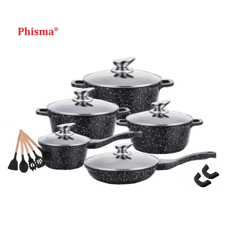Phisma 17pcs Classic Cast Aluminum Cookware Set with Nonstick Marble Coating Eco-Friendly Includes Glass Lid