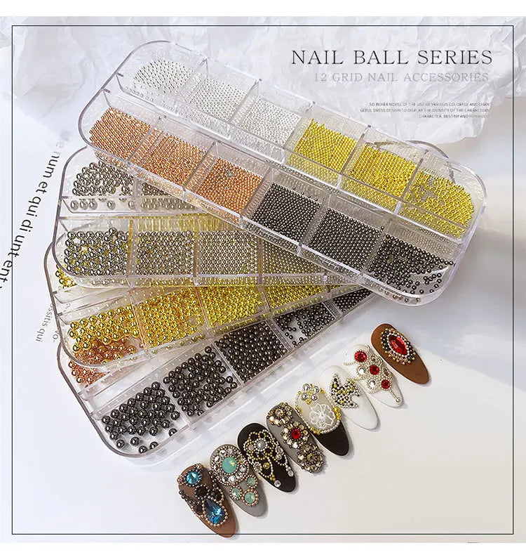 Mini Small 3D Stainless Steel Metal Caviar Beads Nail Rhinestones 12Grids/Box Mixed Size Silver Rose Gold Nail Art Charms