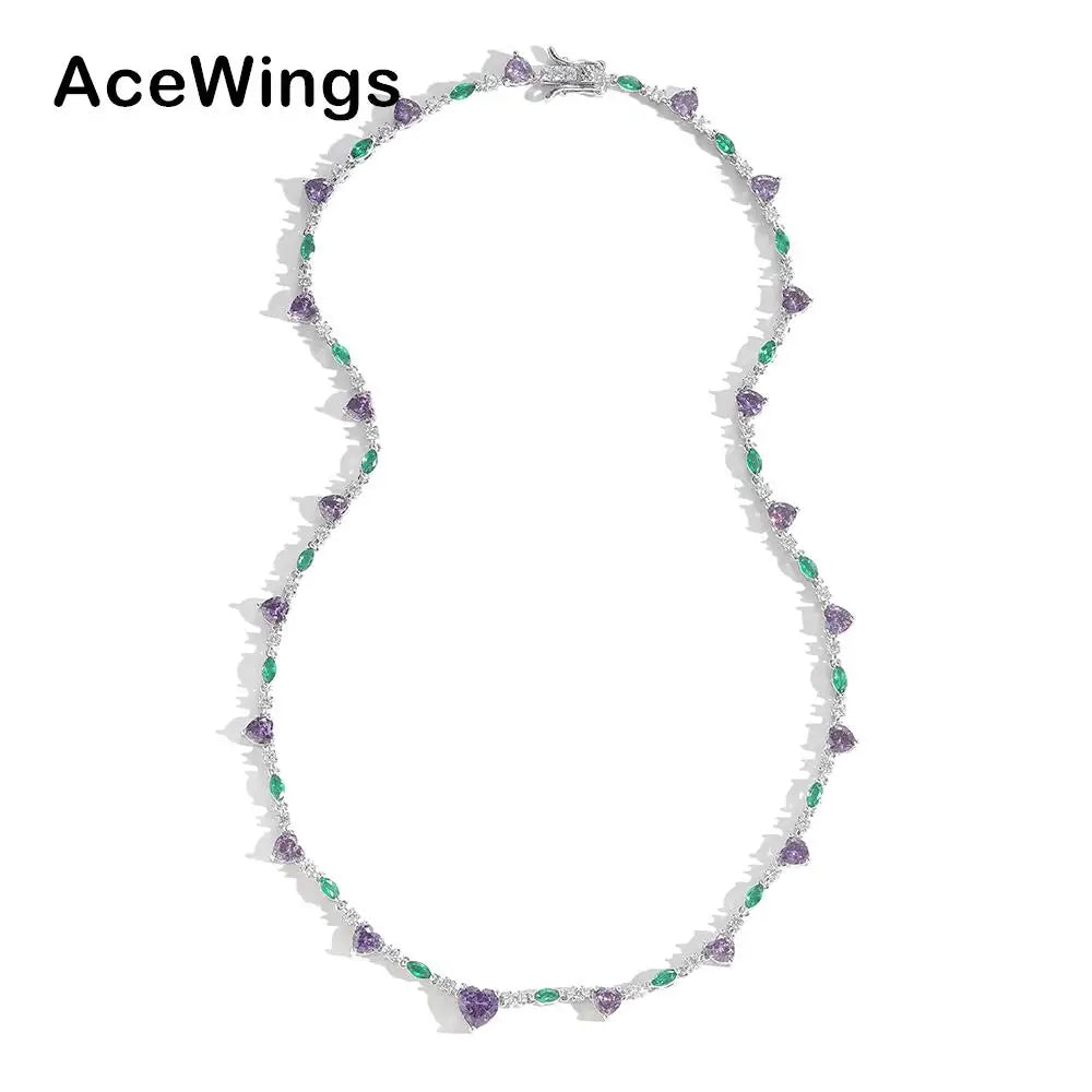 BC182 Women Purple Heart Shape Zircon Necklace Silver Plated  Brass Cz Geometric Tennis Link Chain Fashion Jewelry