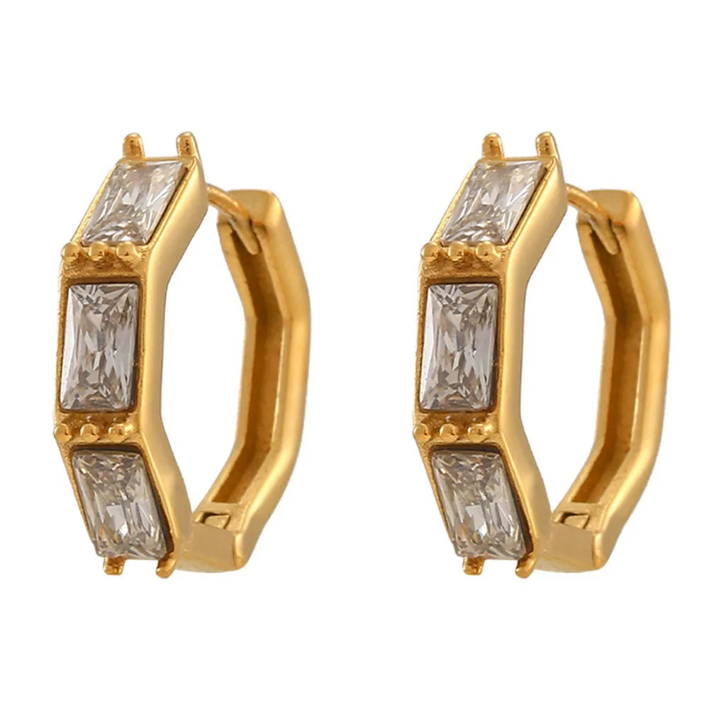 Luxury Stainless Steel 18K Gold Plated Hexagonal Jewelry Shiny AAA Cubic Zirconia Hoop Huggie Earrings for Women