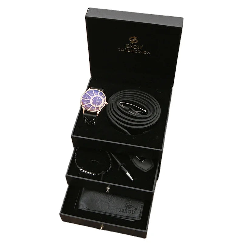 Fashion Business Men Gift Set PU Leather Top Bracelet Wallet Belt 6pcs Gift Set for Business Partners and Friends New Year Gi