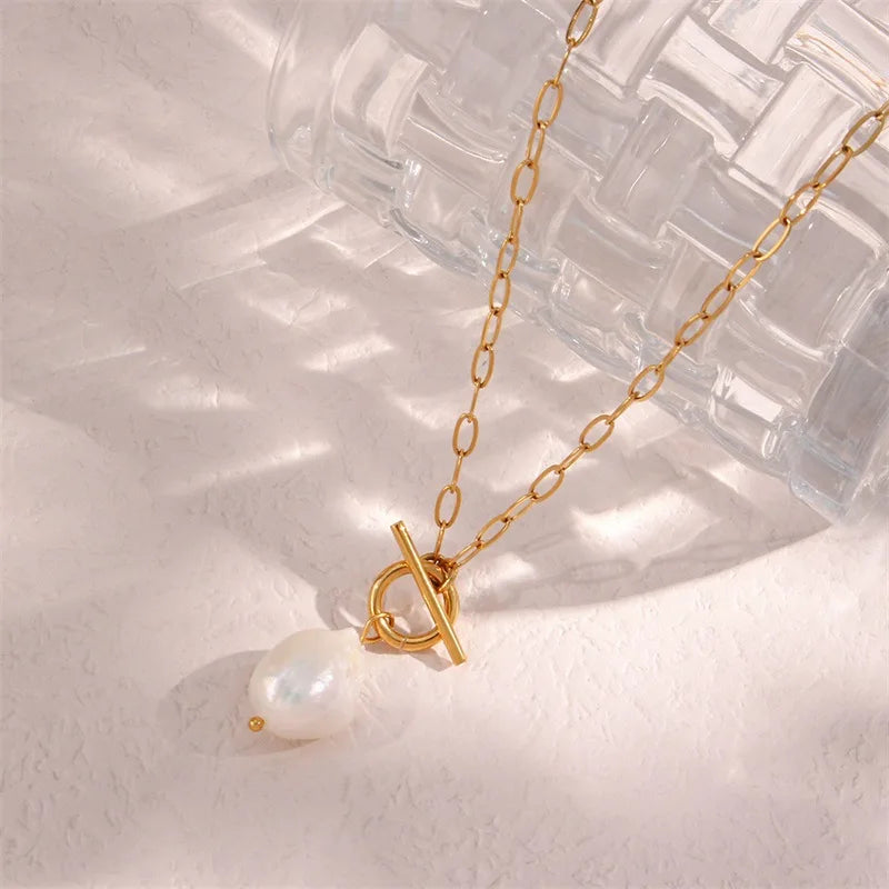 Fashion Waterproof Non Tarnish Stainless Steel OT Buckle Choker Paperclip Luxury Freshwater Pearl Pendant Necklace Chain Link