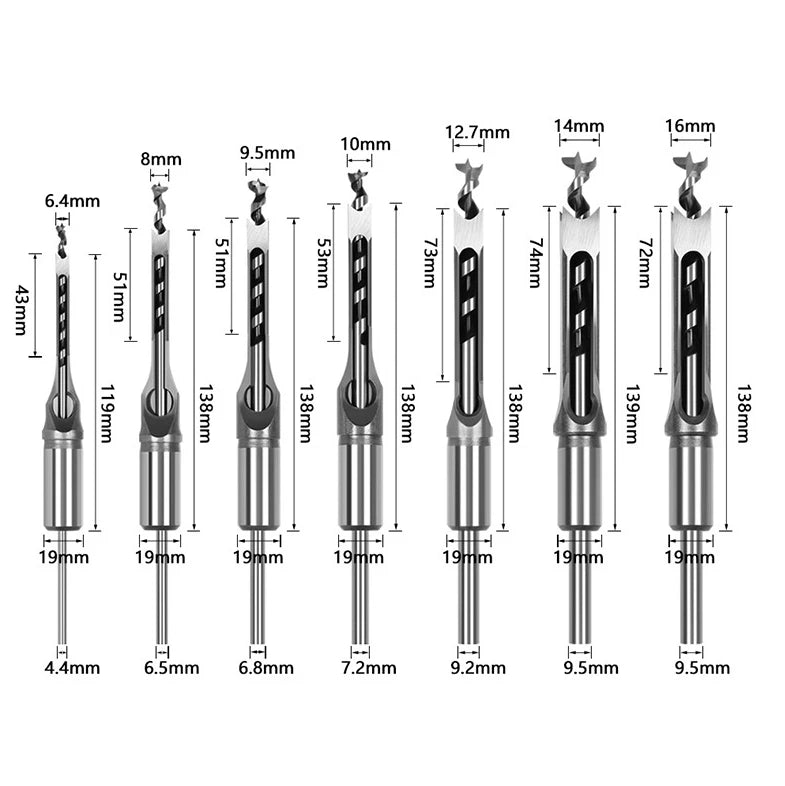 7PCS/SET Woodworking Square Hole Drill Set Square Tenon Drill Keyhole Woodworking Drill