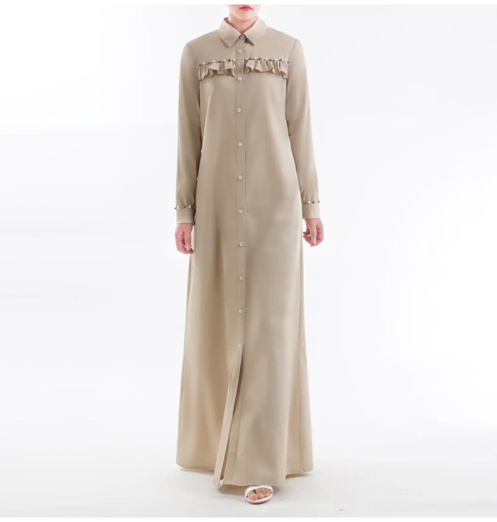 2025 New Coming Design Simple Style Pearl Decoration Front Button Closure Abaya Women Muslim