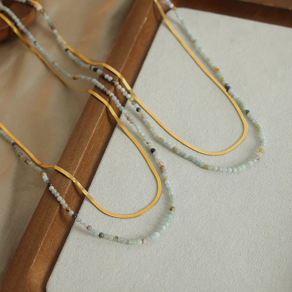 Boho Minimalist Natural Stone Beaded Necklace Waterproof Double Layered Blade Chain Gold Plated Stainless Steel Choker Neckla
