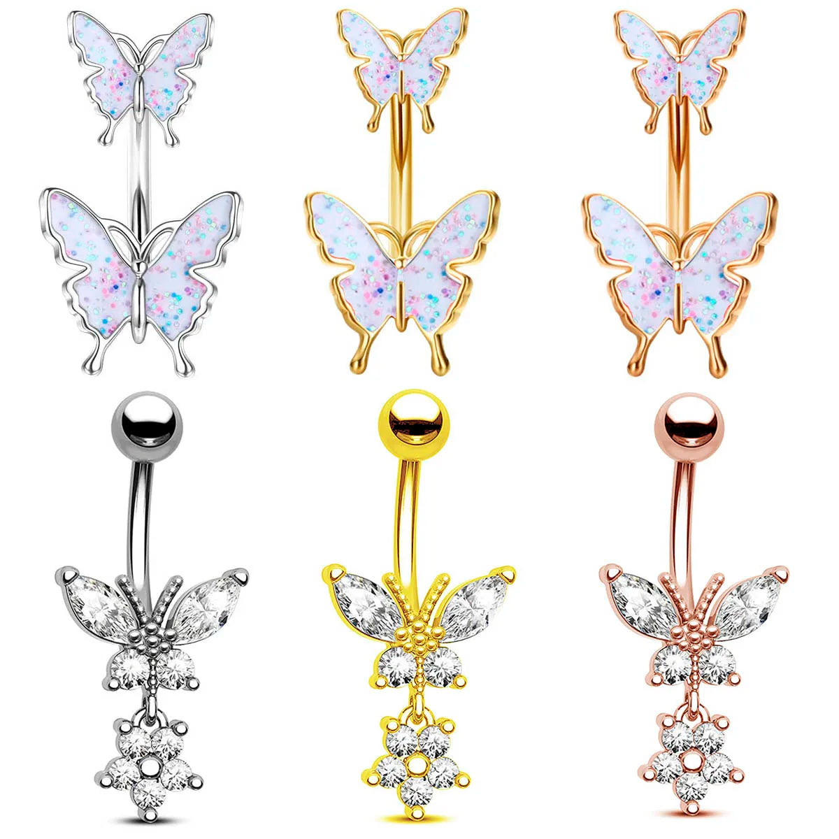 14G Stainless Steel Titanium Double Butterfly Belly Button Ring CZ Navel Piercing Jewelry