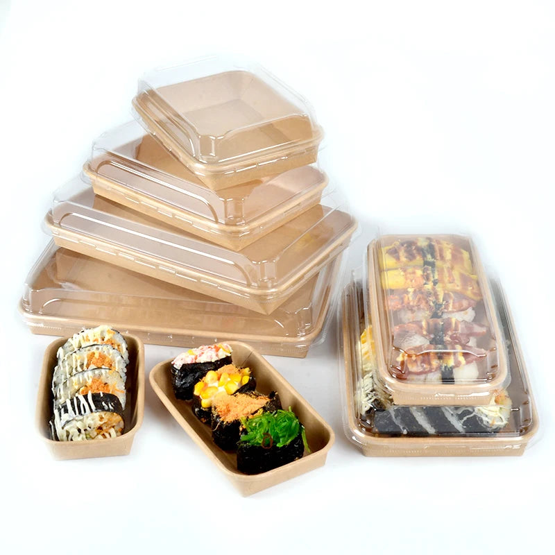 Disposable Pastry Dessert Tiramisu Cake Food Container Packaging Box Takeaway Sushi Catering Kraft Paper Box With Clear Plast