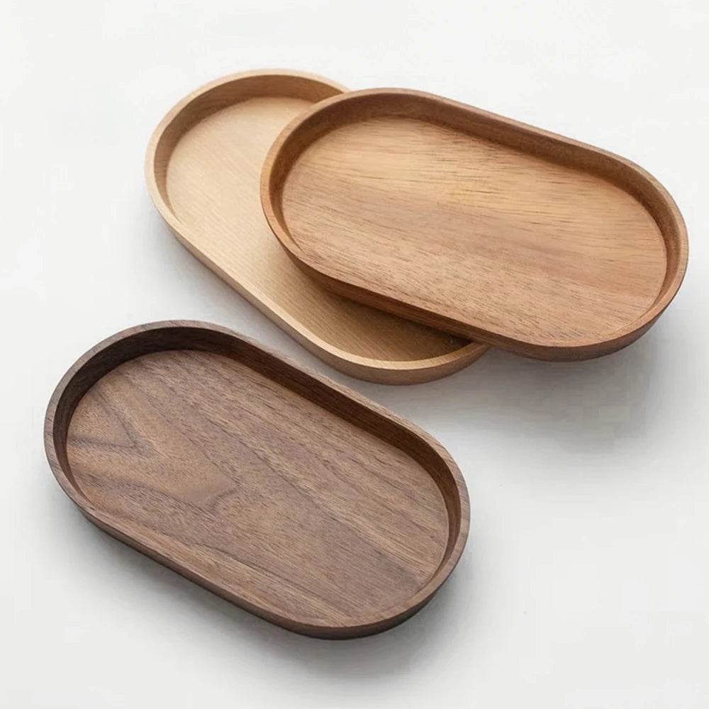 Hot Hotel Acacia Wood Oval Tray Kitchen and Living Room Coffee Coaster Food Service Tray Bamboo Plate Dish for Party