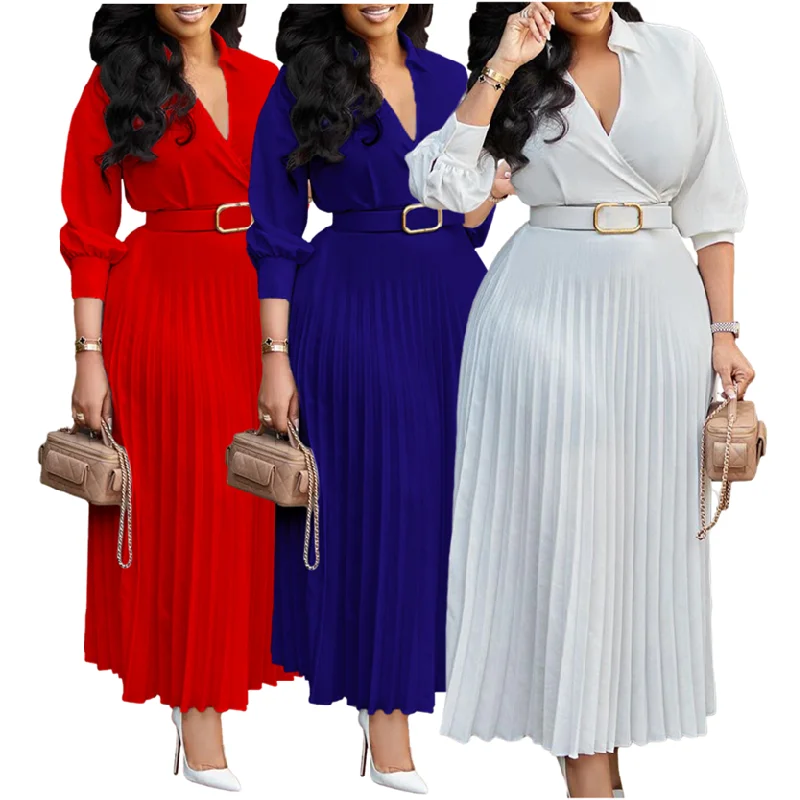 Wholesale Trendy Spring Dresses Women Lady Elegant Solid Color Long Sleeve V-neck Pleated Dress Elegant Casual Dresses With B