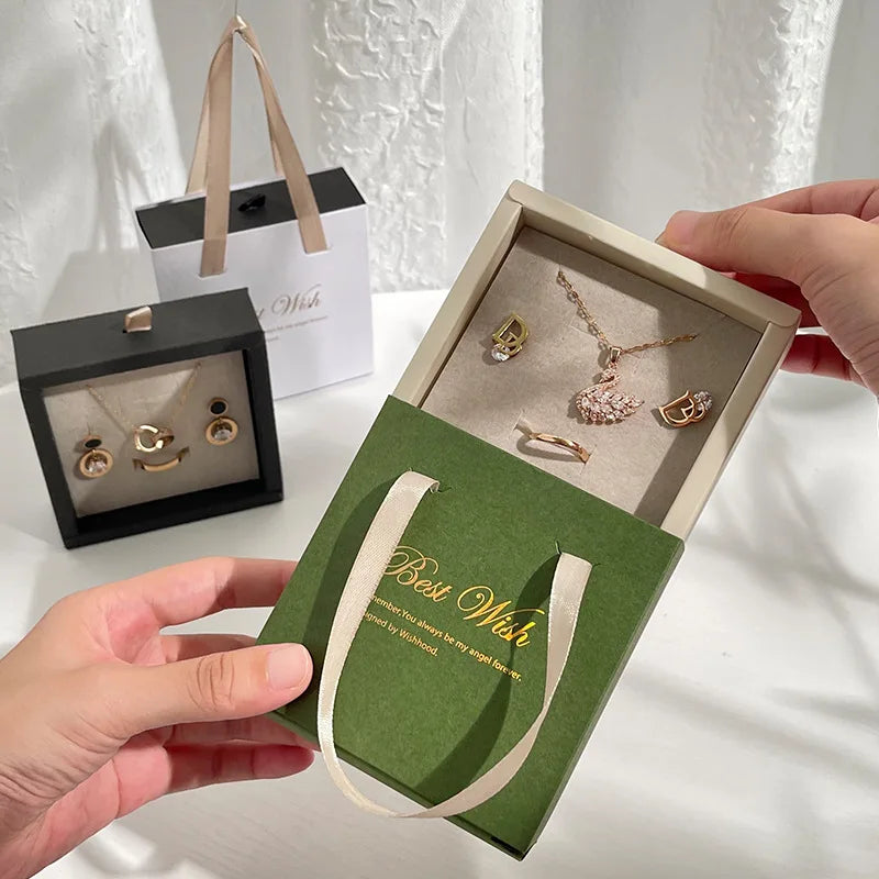 Luxury High-End Mint Green Pink Ring Boxes Custom Logo Paper Packaging Pouch for Jewelry Earrings with Sponge Premium Shippin