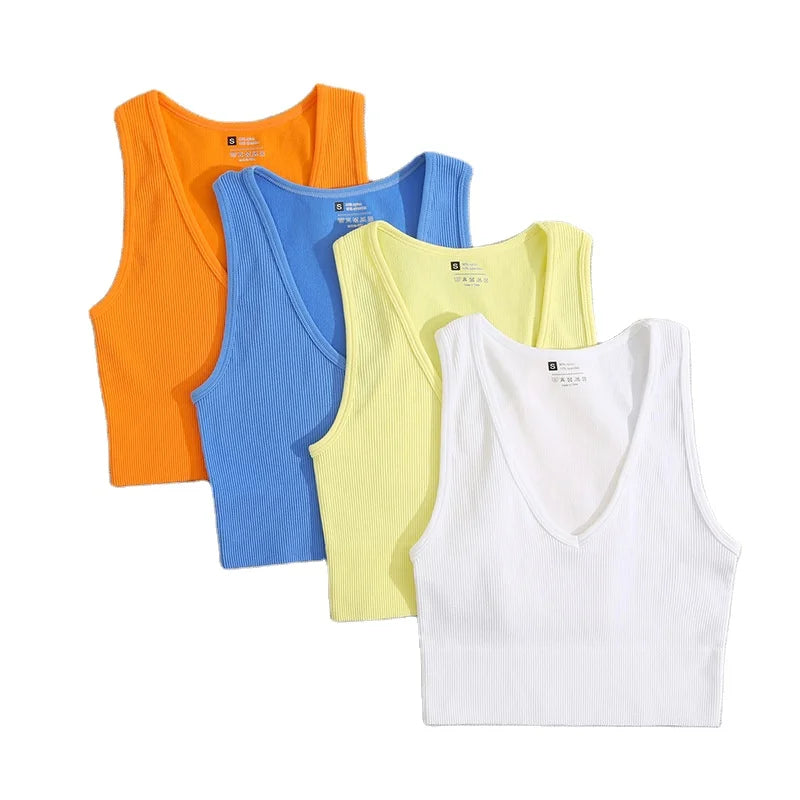 Women Ribbed tank Top Yoga Sports Crop Top Custom Embroidery Quality Shirts Sleeveless Solid Seamless Casual Tops