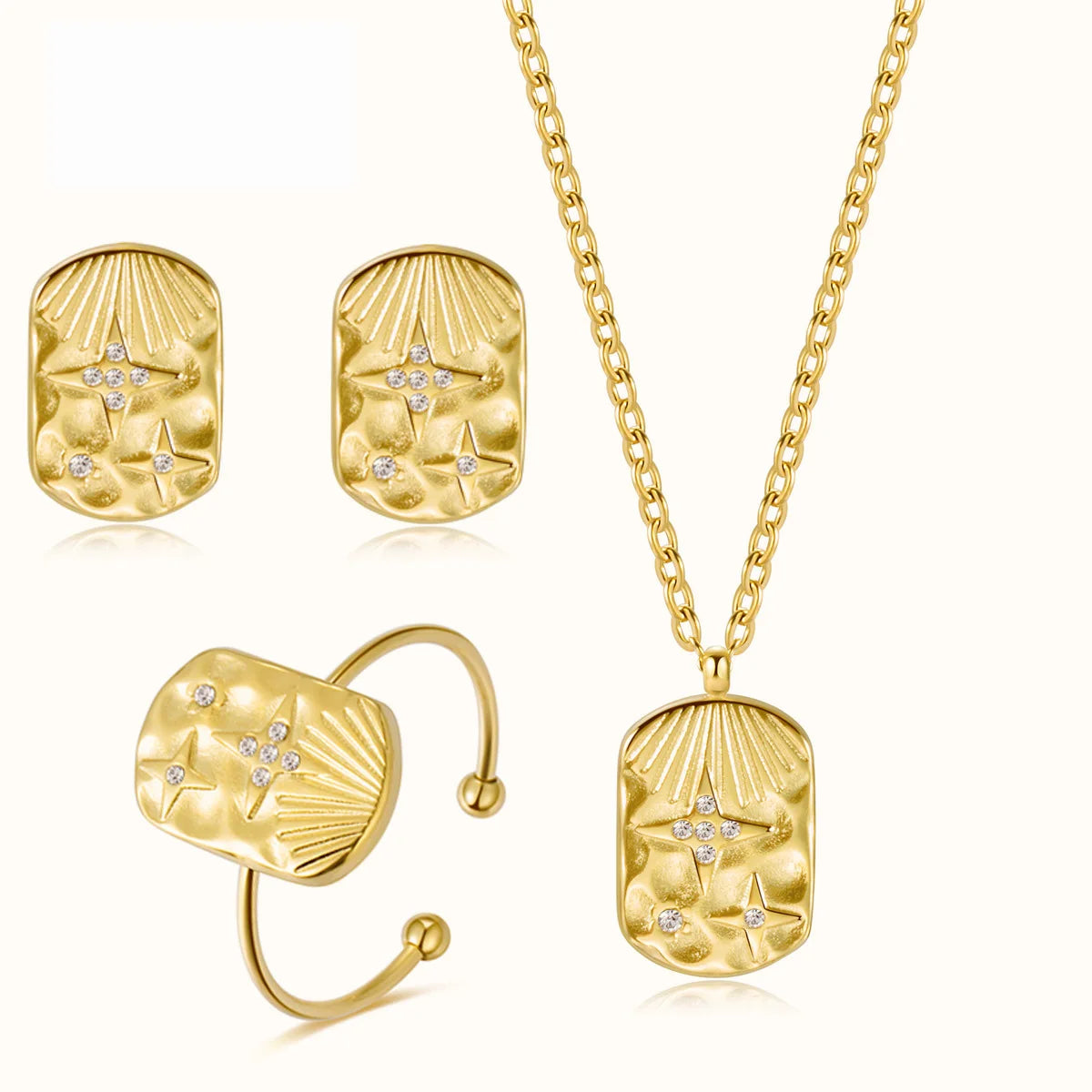 Stainless Steel Gold Plated Clavicle Chain Square Necklace Diamond Hammer Wrinkle Pattern Pendant Earrings Bracelet