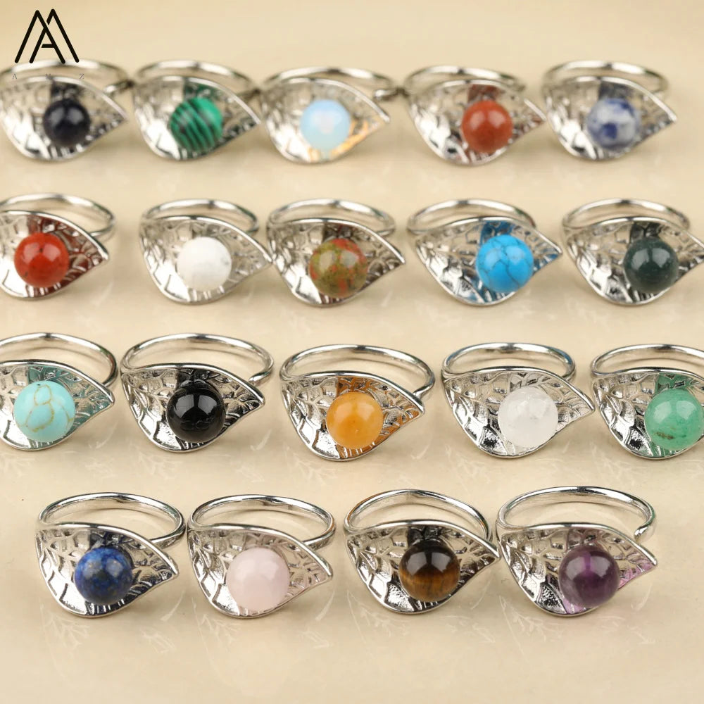 Leaf Shape Paved Silver Ring  8mm Round Stone Beads  Boho Style Fashion Gifts