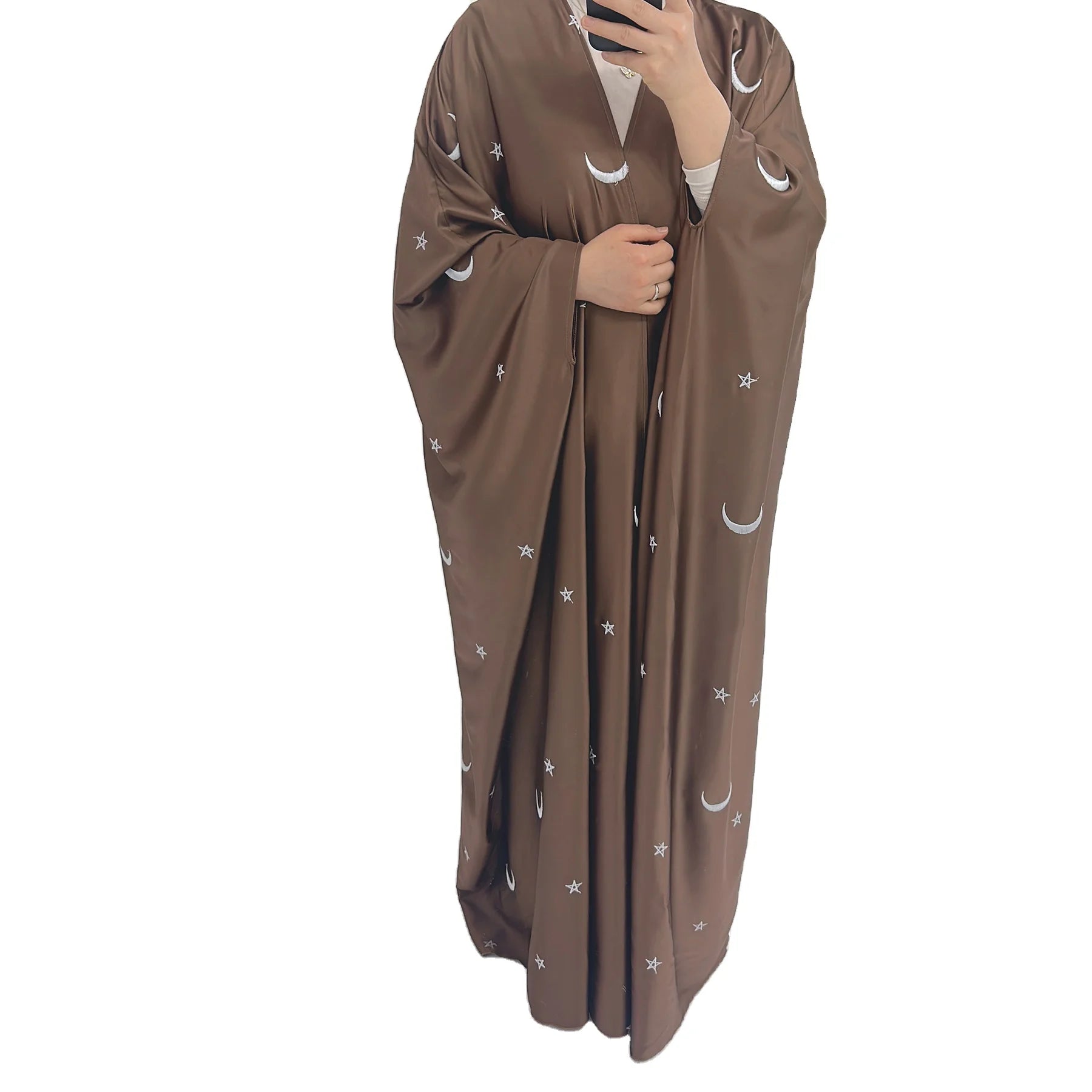 Dubai Arab Moon Star Embroidered Oversize Satin Open Abaya Dress for Women Ladies Cardigan Robe Plus Size