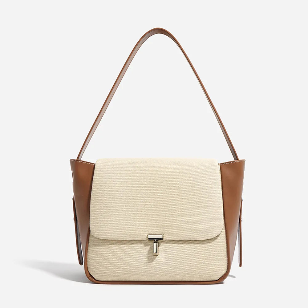 Luxury Genuine Leather Canvas Stitching Tote Bag Women Large Capacity Cowhide Shoulder Bag Premium Hybrid Designer Handbag