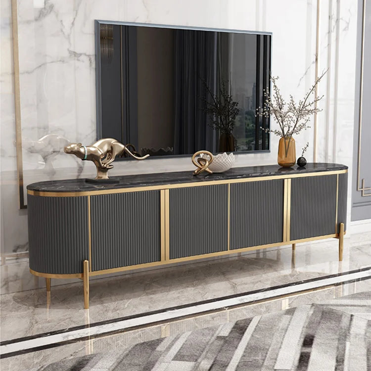 YSS Contemporary TV Stand Featuring a Titanium Frame Glossy Finish Cabinet Solid Wood Drawer and Marble Effect Top