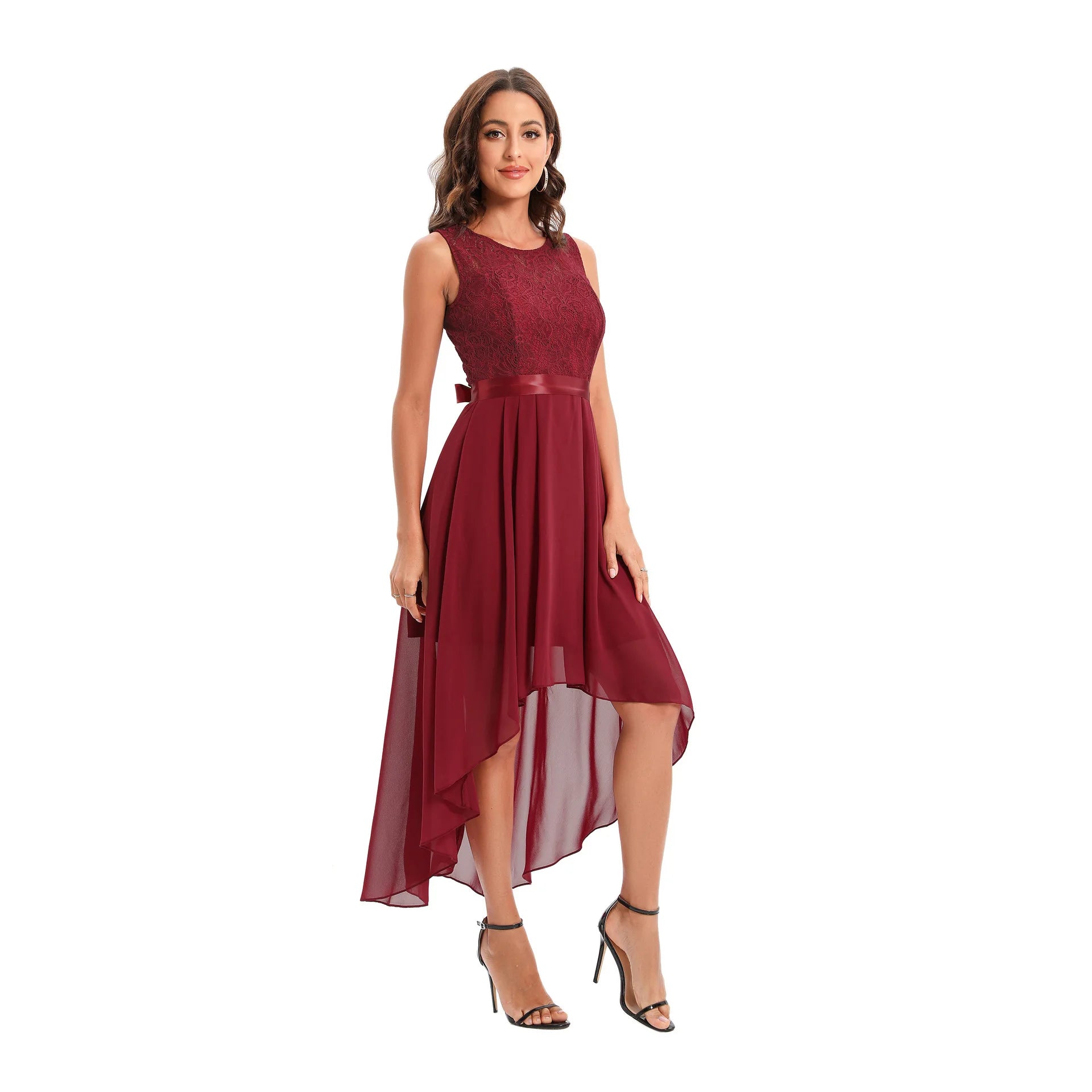 2024 Wholesale Evening Party Women Fashion Dress Hollow-out Solid Color Lace Patchwork Sleeveless Casual Irregular Dress