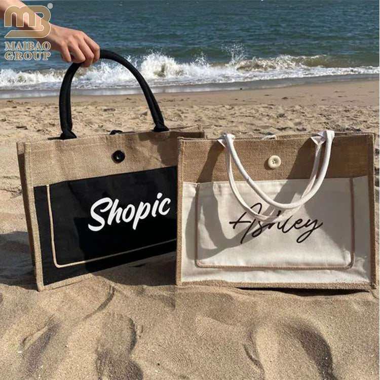 Printed Large Jute Beach Bag Natural Eco Friendly Burlap Tote Bags Jute Gift Shopping Handbag Beach Jute Bags Wholesale