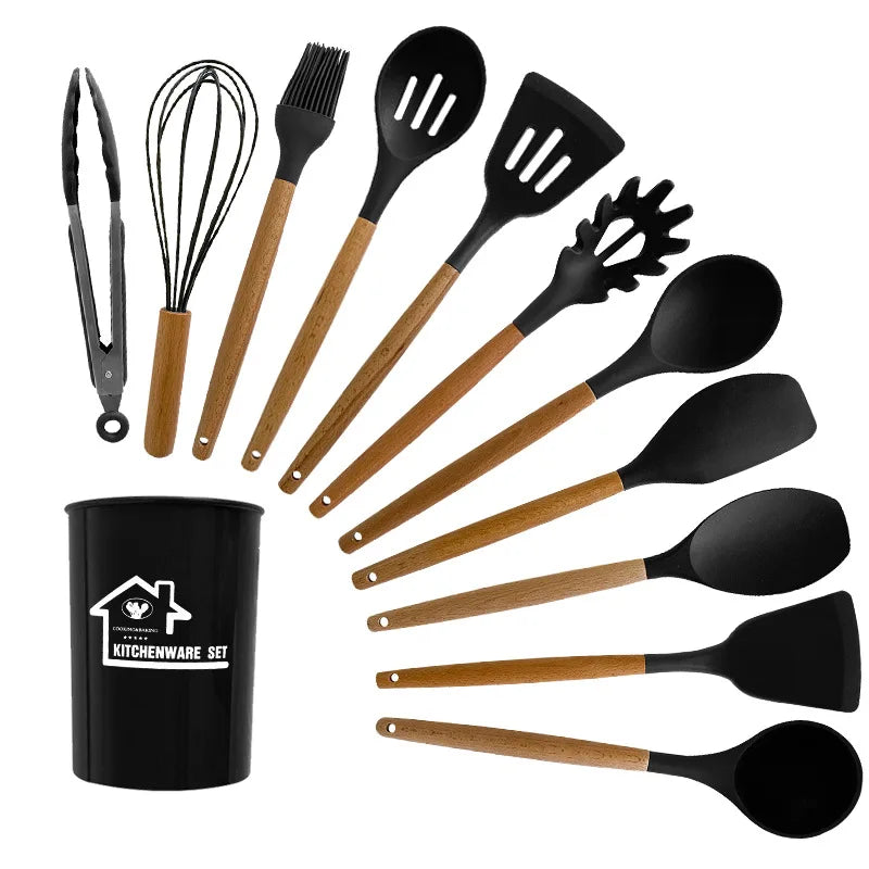 12-Piece Durable and Eco-Friendly Kitchen Silicone Cooking Utensils Set with Wood Handle Microwave & Oven Safe