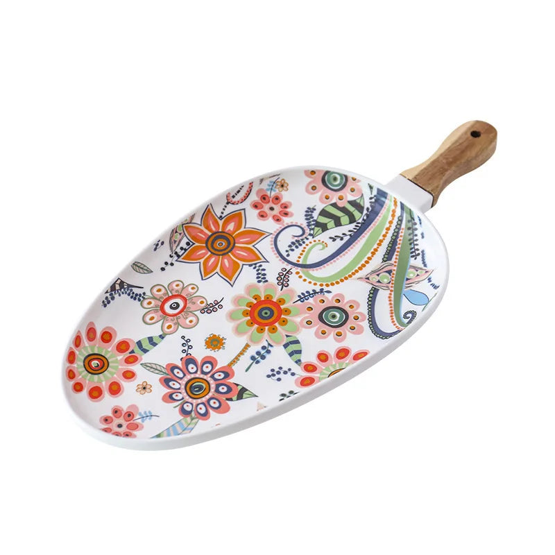 Wholesale Creative Ceramic Dinner Plate Luxury Design Wooden Handle Oval Steak Dish Home Restaurant Use PC Material Kitchenwa