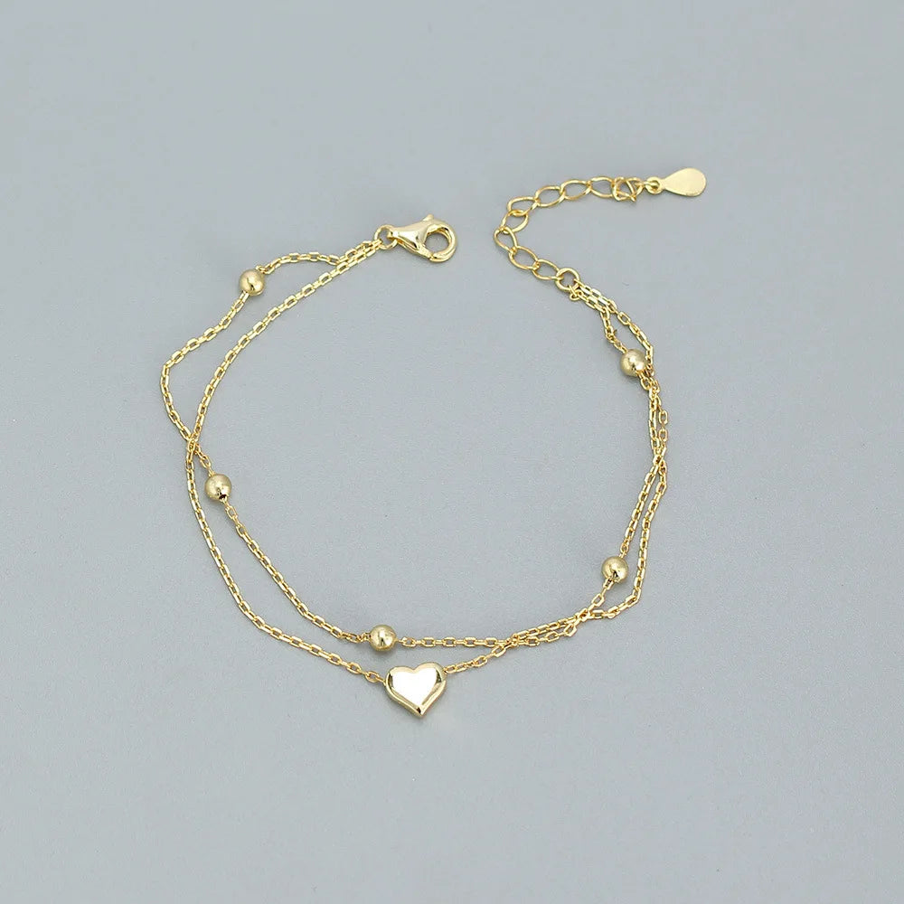 Double Layer Fine 18k Gold 925 Sterling Silver Jewelry Silver Heart Charm Bracelet Women