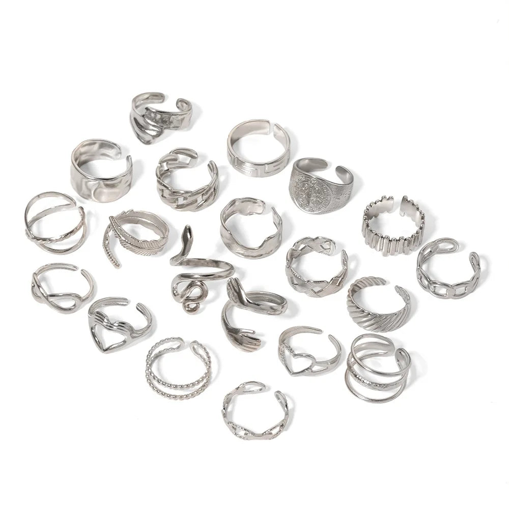 Fashion Simple Heart Chain Geometry Stainless Steel Open Adjustable Ring for Women Jewelry