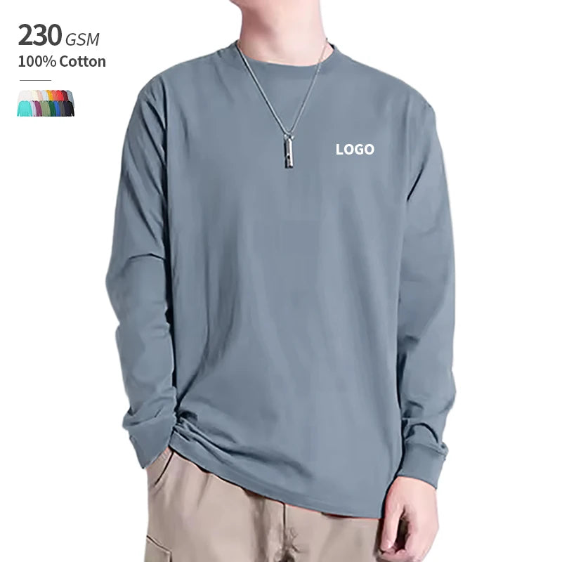 100% Cotton 230 GSM Custom Logo Printing Long Sleeve Crew Neck Men's Long Sleeve Shirt