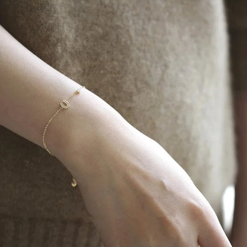 Delicate INS 14K Gold Plated Pure 925 Sterling Silver Thin Chain Zircon Letter U Shaped Charm Bracelets for Women Girls Jewel