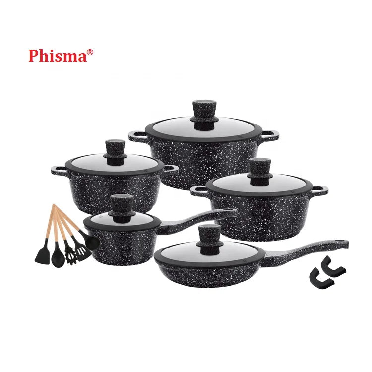 Phisma 17pcs  Nonstick Marble Die Cast Aluminum Casserole Soup Pot Set Silicone Glass Cover Oven Dishwasher Gas Cooker