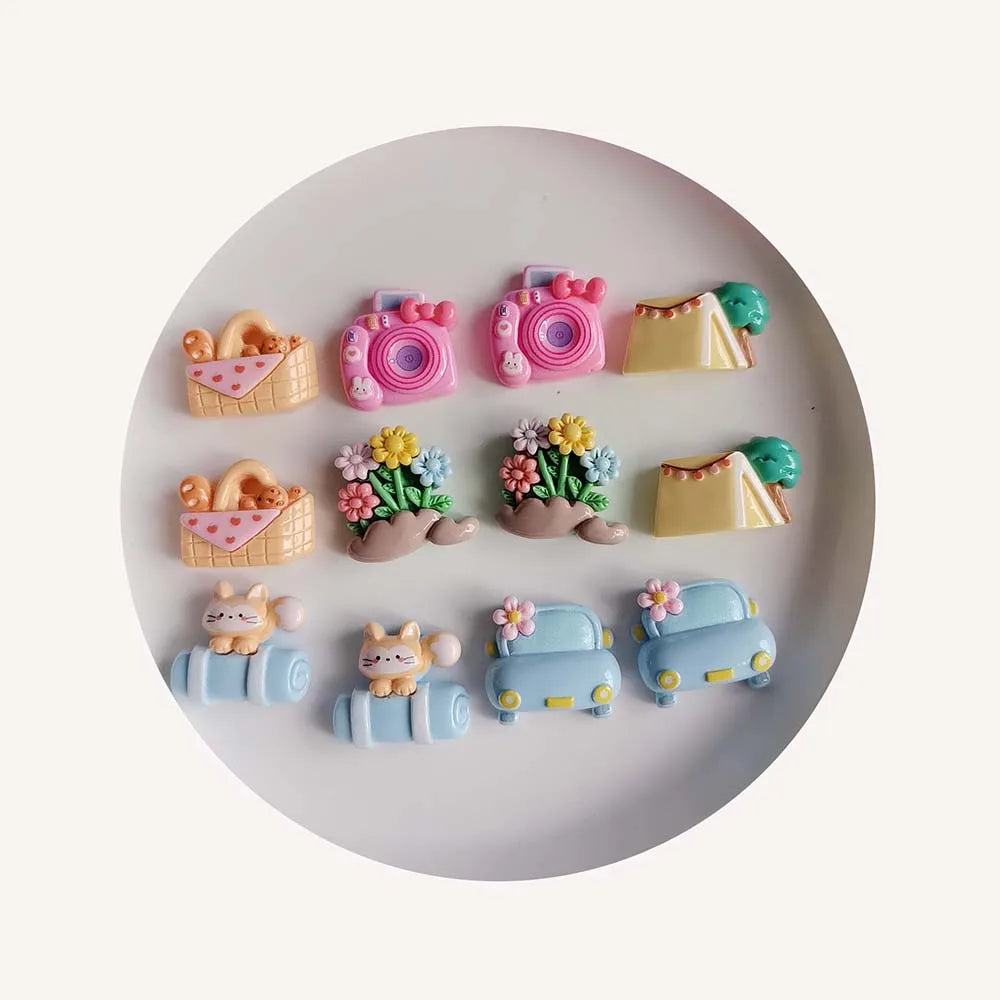 100Pcs Kawaii Cartoon Camping Series Garden Flatback Resin DIY Cabochon Crafts Supplies Phone Shell Deco Parts