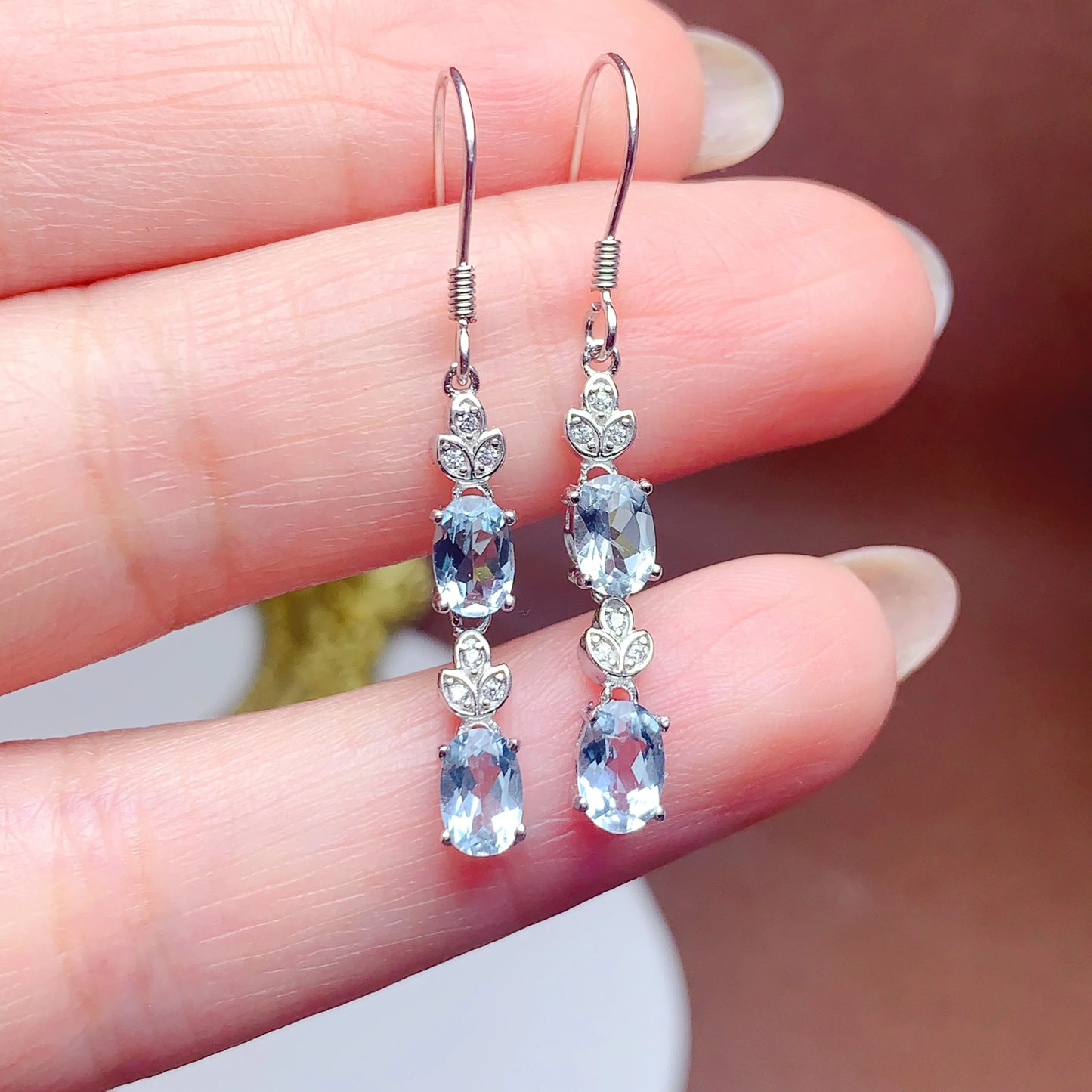 New Design Trending Elegant Classic 925 Sterling Silver Natural Aquamarine Stud Earrings Set for Girls Gift
