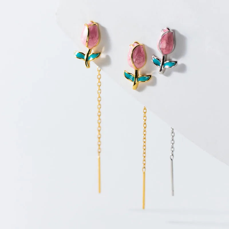 Long Link Chain Silver Gold Tulips Shape Drop Earrings Wholesale 925 Sterling Silver Jewelry Gifts