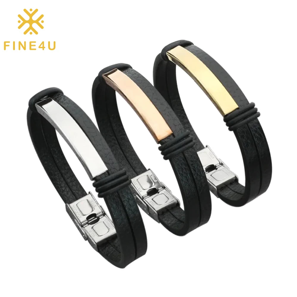 Fashion Stainless Steel Jewelry Custom Name Logo Engraved Blank Leather Bracelet for Men and Women